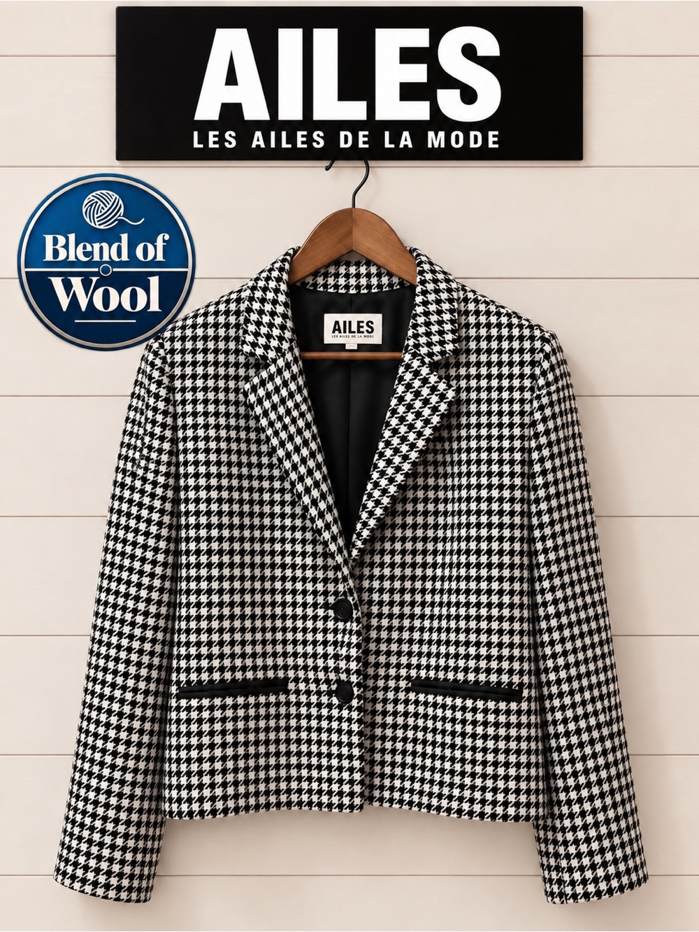 LES AILES DE LA MODE, VINTAGE black and white houndstooth blazer size 11